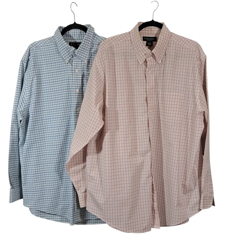 Brooks Brohers‎ Lot 2 Mens XL Multi Plaid Blue Orange Check Long Sleeve Shirts